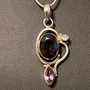 VINTAGE 925 Smoky Topaz/Clear Topaz & Amethyst Pendant on 24" 925 Chain (157)